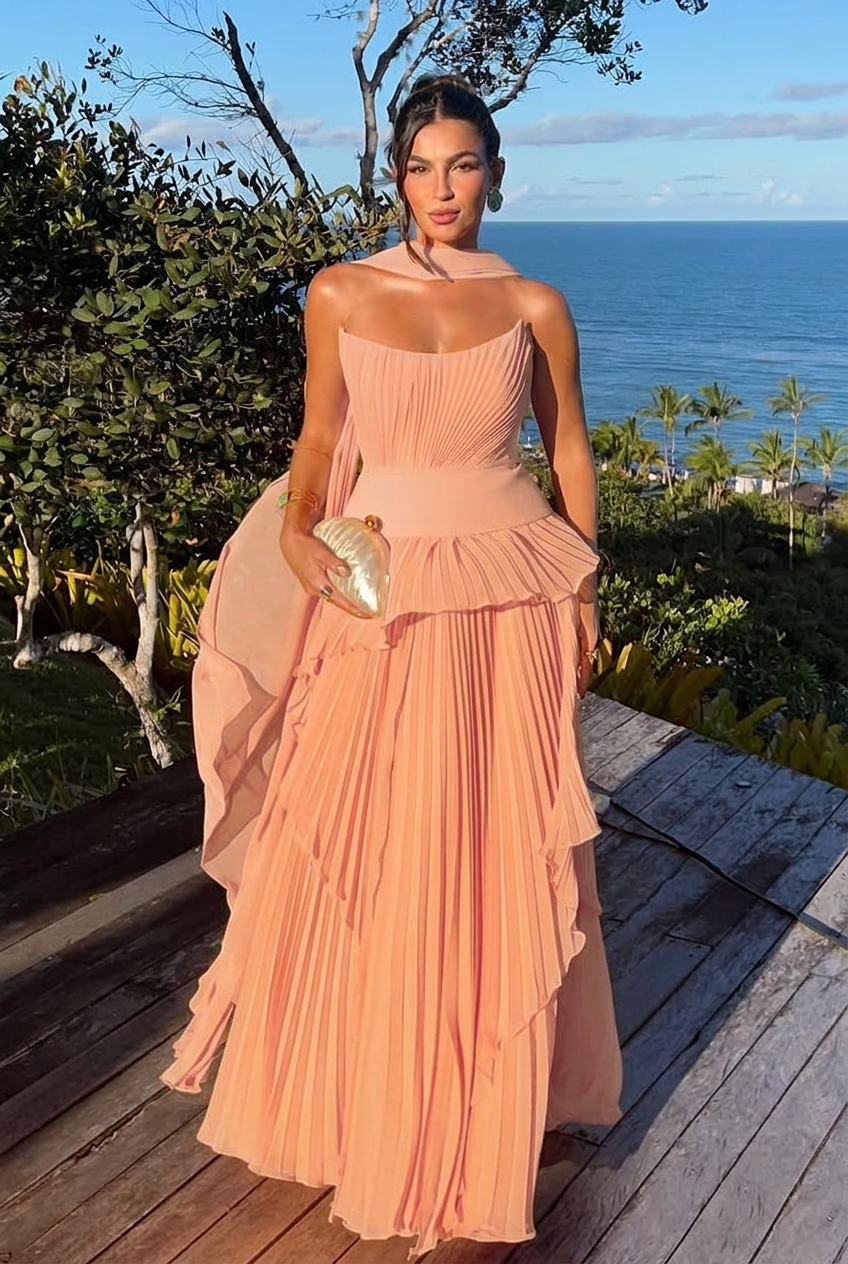 Pearl pink strapless chiffon A-line evening dress