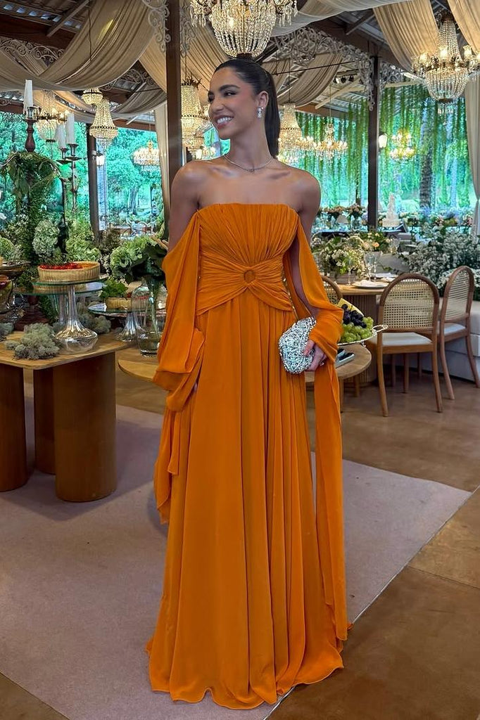 orange strapless dress formal Strapless Long Beaded Prom Dress with Sheer Waist Orange / 6
