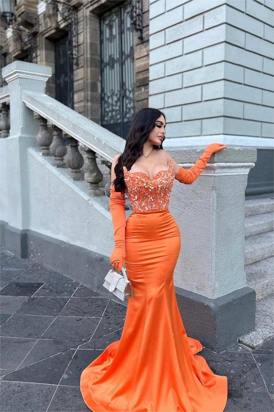 Orange Sweetheart Sleeveless Sequined Mermaid Satin Floor Length Formal Evening Gown
