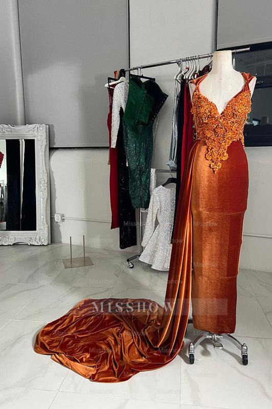 Orange V-Neck Sleeveless Appliques Beading Mermaid Satin Floor Length Formal Evening Gown