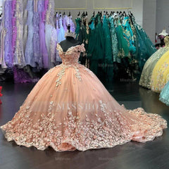 Peach Pink Off-Shoulder Cap Sleeve 3D Floral Applique Beaded Ball Gown Quinceanera Dress