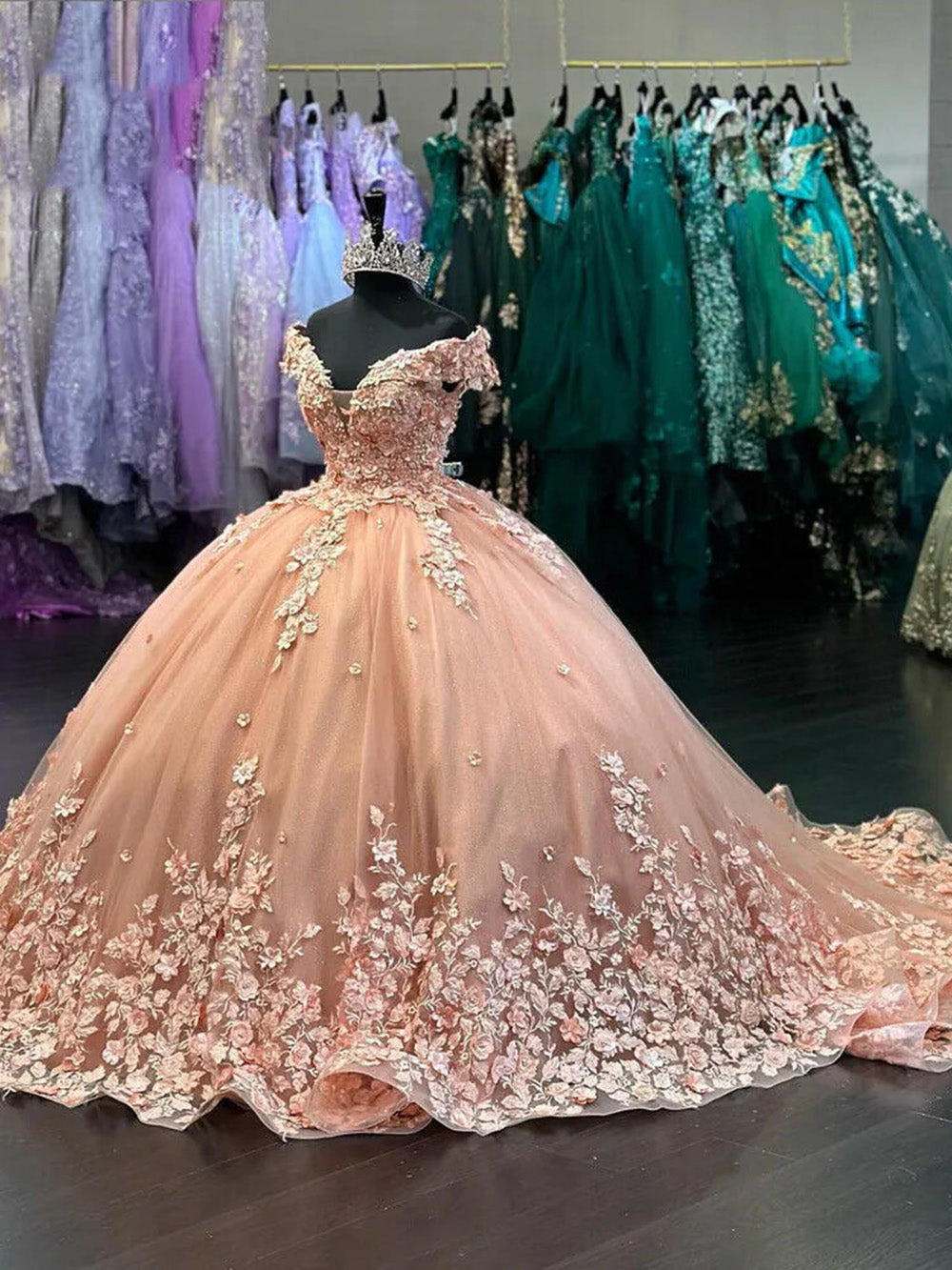 Peach Pink Off-Shoulder Cap Sleeve 3D Floral Applique Beaded Ball Gown Quinceanera Dress