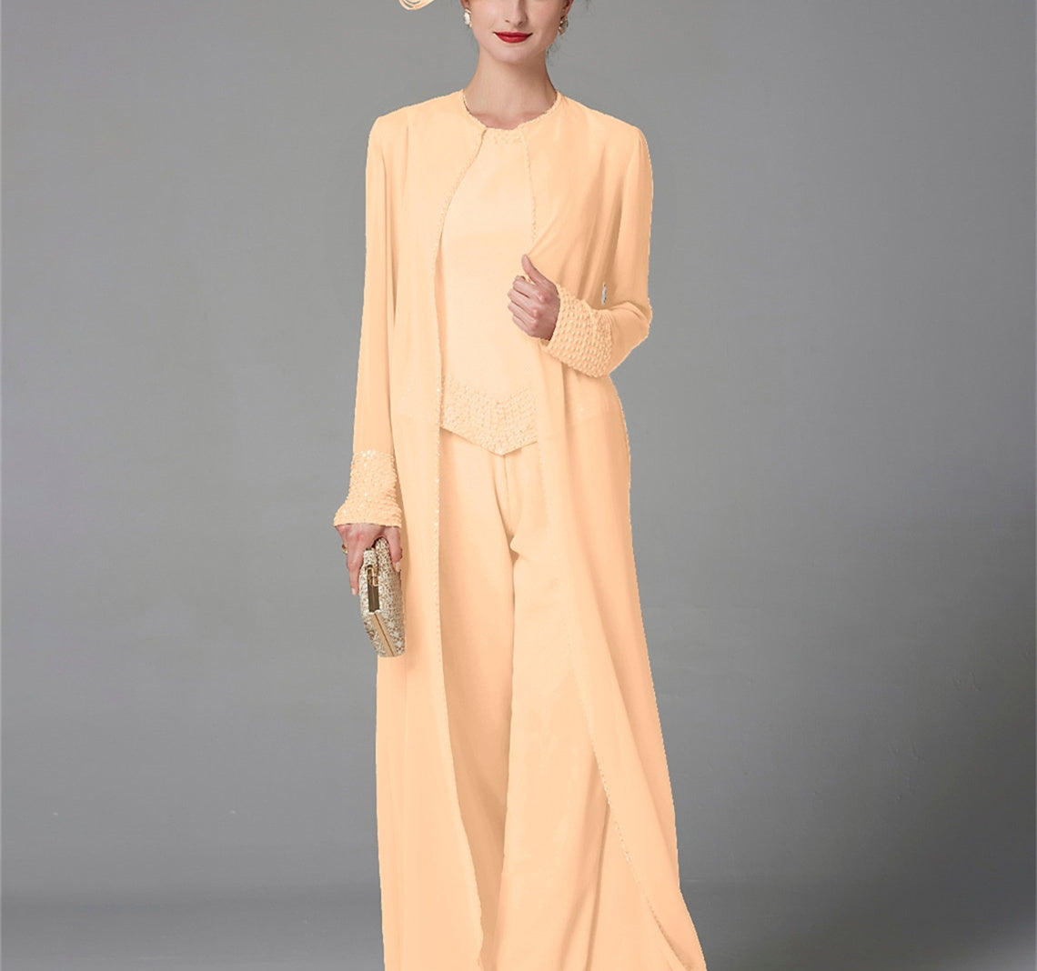 Chiffon Long Sleeves Mother Of The Bride Pantsuits With Jacket Sequins