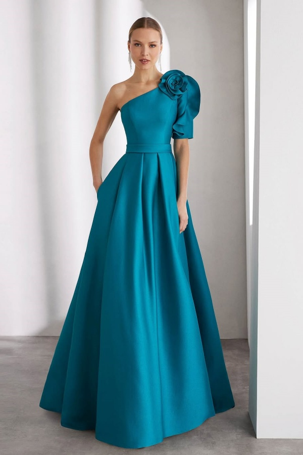 Peacock Blue One Shoulder Half Sleeve 3D Flower A-Line Satin Floor Formal Evening Dress