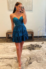 Peacock Blue Strapless A-Line Tiered Short Corset Homecoming Dress with Beading