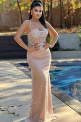 Pearl Beaded Straps Sweetheart Sheer Illusion Boned Corset All-Over Large Pearl Crystal Champagne Sequin Scatter Pearl Mermaid Evening Dress Sweep Train