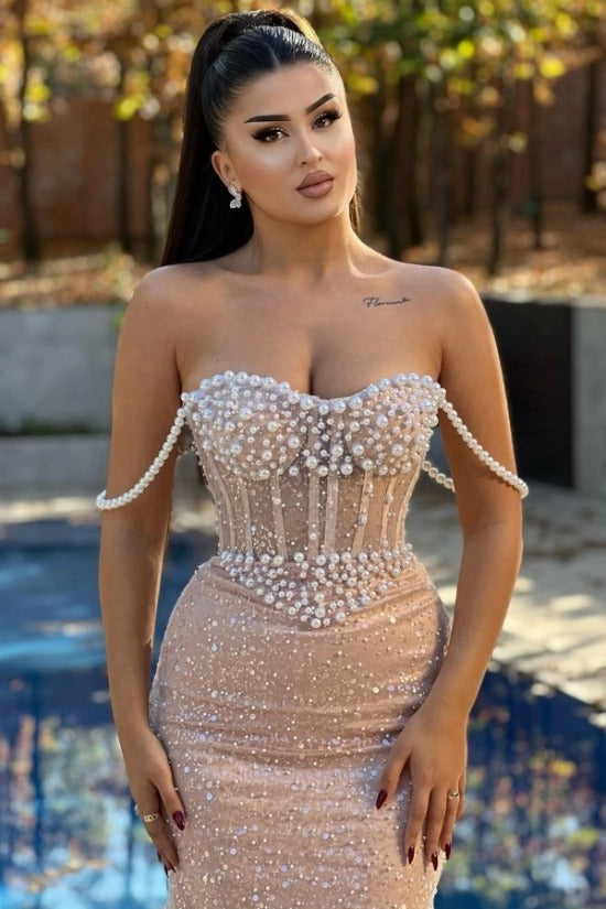 Pearl Beaded Straps Sweetheart Sheer Illusion Boned Corset All-Over Large Pearl Crystal Champagne Sequin Scatter Pearl Mermaid Evening Dress Sweep Train