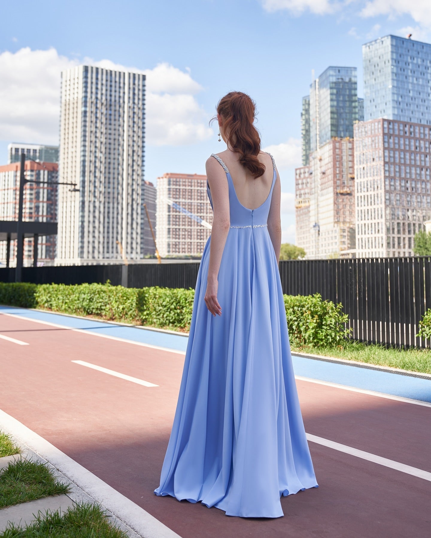 Periwinkle Blue Deep V-Neck Sleeveless Long A-Line Chiffon Formal Dress Rhinestone Belt Zipper Back High Slit Evening Gown