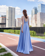 Periwinkle Blue Deep V-Neck Sleeveless Long A-Line Chiffon Formal Dress Rhinestone Belt Zipper Back High Slit Evening Gown
