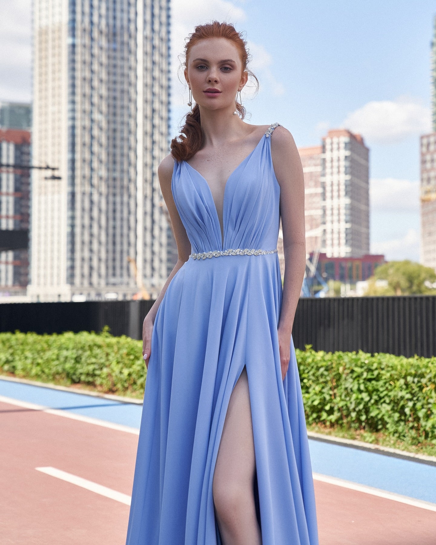 Periwinkle Blue Deep V-Neck Sleeveless Long A-Line Chiffon Formal Dress Rhinestone Belt Zipper Back High Slit Evening Gown