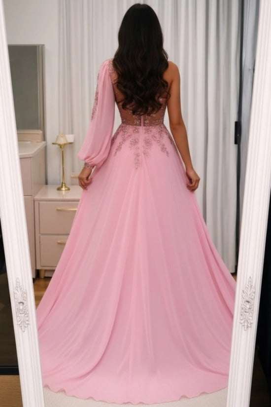 Pink Chiffon One-Shoulder A-Line Evening Dress Single Puff Sleeve Lace Applique Beading Open Back Side Slit Formal Gown