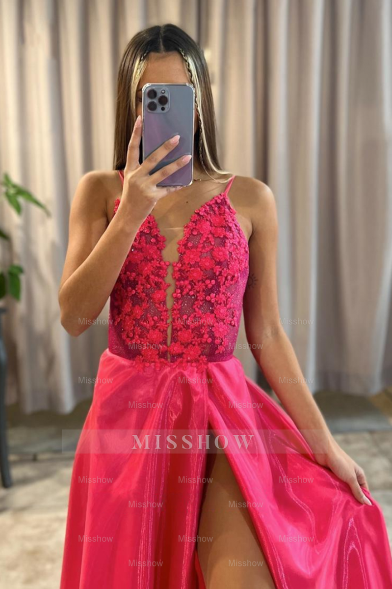Pink Deep V-Neck Appliques Sleeveless A-Line Satin Slit Floor Length Formal Evening Gown