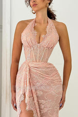 Pink Halter Sleeveless Lace Appliques Mermaid Pleated Floor Length Formal Evening Dress