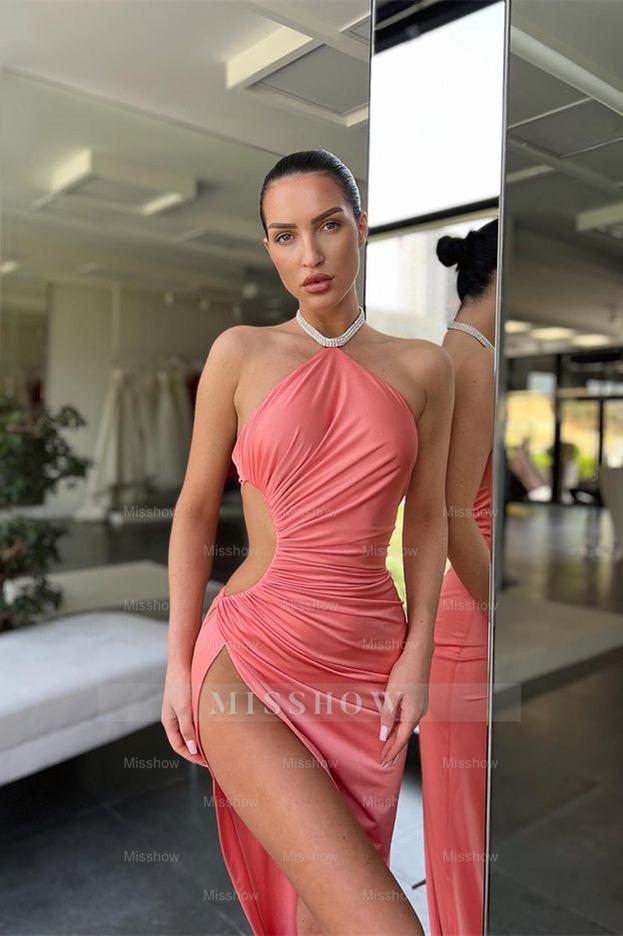 Pink Halter Sleeveless Ruched Cutout Bodycon Satin Slit Floor Length Formal Evening Dress