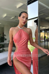 Pink Halter Sleeveless Ruched Cutout Bodycon Satin Slit Floor Length Formal Evening Dress