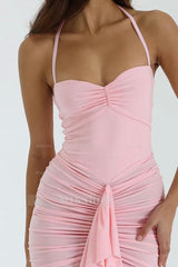 Pink Halter Sweetheart Sleeveless Pleated Long Formal Dress With Ruffles