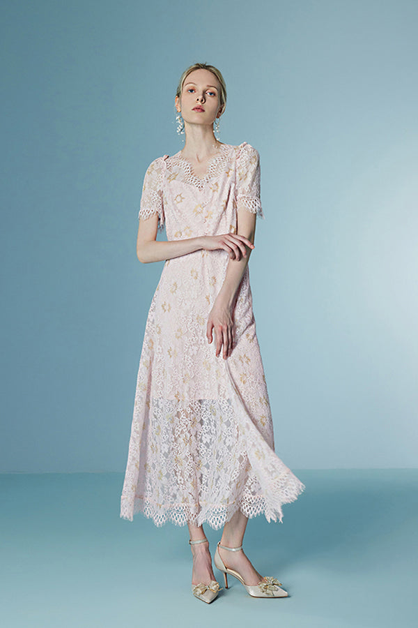 Pink Long Lace Short Sleeves Dress