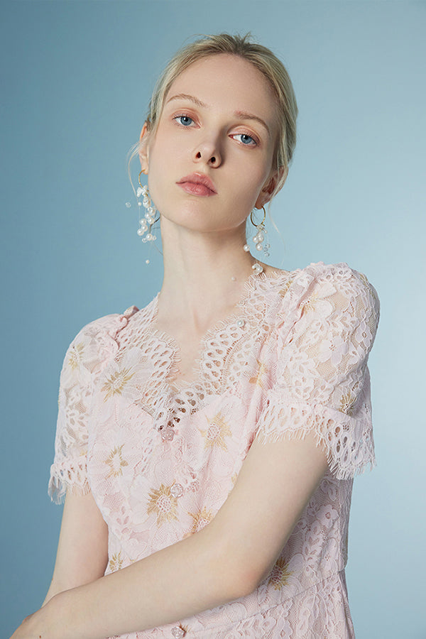 Pink Long Lace Short Sleeves Dress