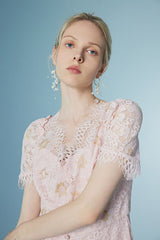 Pink Long Lace Short Sleeves Dress