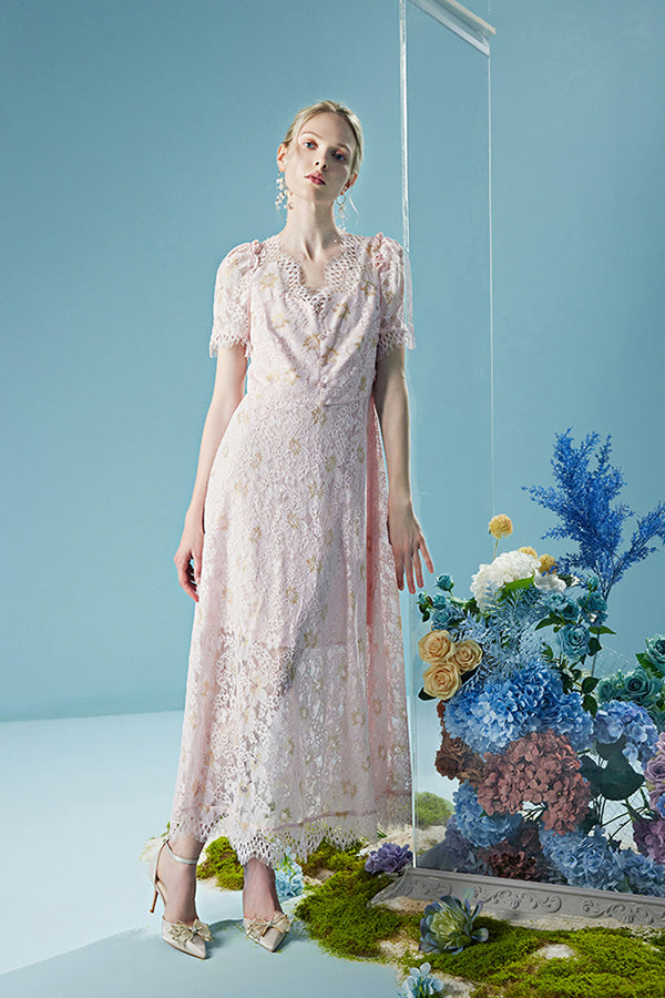 Pink Long Lace Short Sleeves Dress