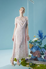 Pink Long Lace Short Sleeves Dress