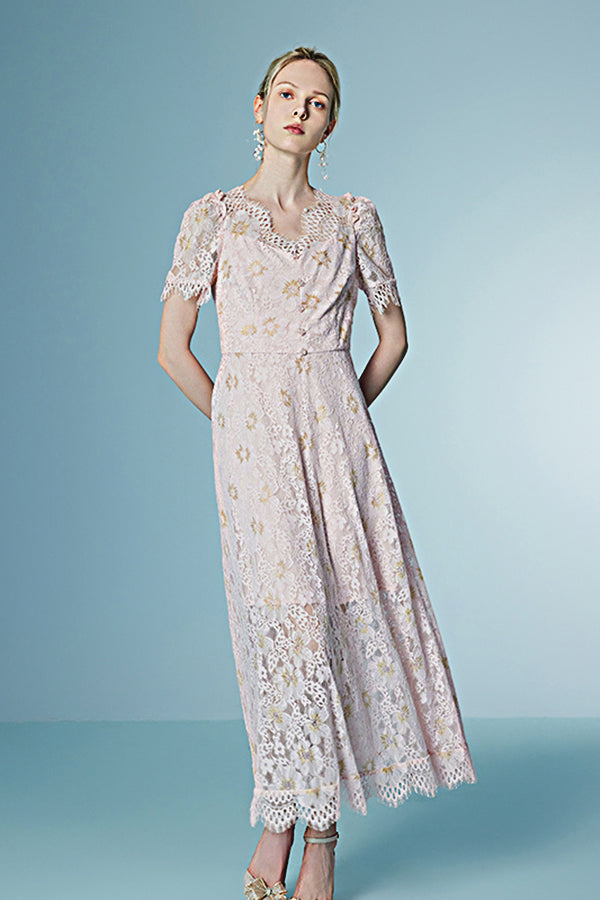 Pink Long Lace Short Sleeves Dress