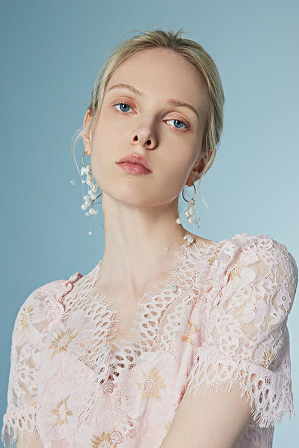 Pink Long Lace Short Sleeves Dress