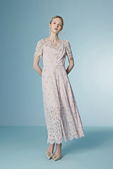 Pink Long Lace Short Sleeves Dress