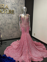 Pink Mermaid Prom Dress Illusion Sweetheart Off Shoulder Crystal Floral Cap Sleeve Silver Rhinestone Beaded Sequin Cathedral Train Gown