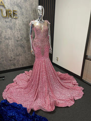 Pink Mermaid Prom Dress Illusion Sweetheart Off Shoulder Crystal Floral Cap Sleeve Silver Rhinestone Beaded Sequin Cathedral Train Gown