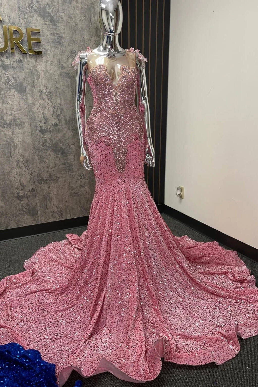 Pink Mermaid Prom Dress Illusion Sweetheart Off Shoulder Crystal Floral Cap Sleeve Silver Rhinestone Beaded Sequin Cathedral Train Gown