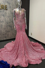 Pink Mermaid Prom Dress Illusion Sweetheart Off Shoulder Crystal Floral Cap Sleeve Silver Rhinestone Beaded Sequin Cathedral Train Gown
