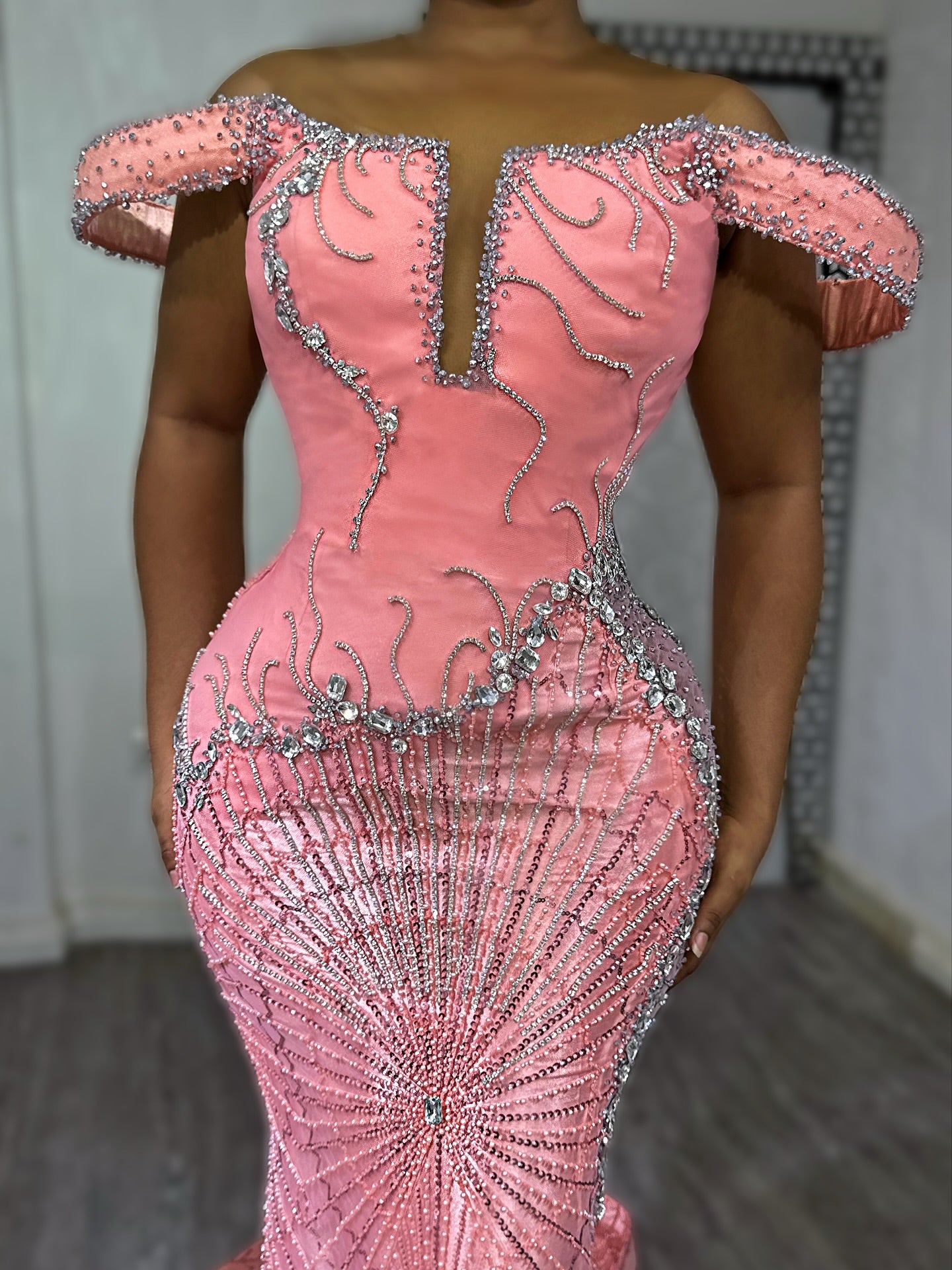 Pink Mermaid Prom Dress Off Shoulder Boned Corset Silver Crystal Fan Radial Beading Rhinestone Embellished Sweep Train Gown