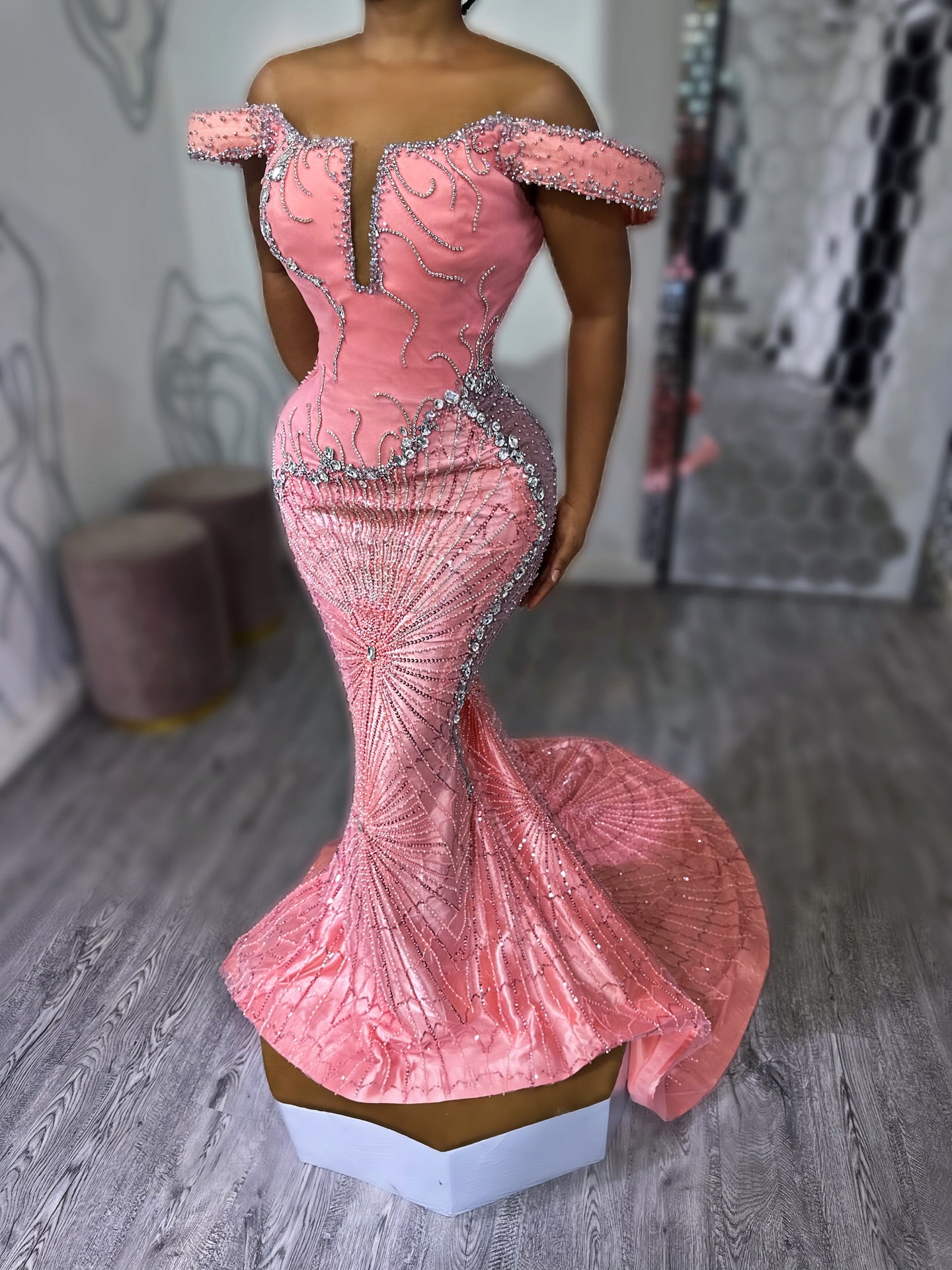 Pink Mermaid Prom Dress Off Shoulder Boned Corset Silver Crystal Fan Radial Beading Rhinestone Embellished Sweep Train Gown