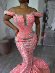 Pink Mermaid Prom Dress Off Shoulder Boned Corset Silver Crystal Fan Radial Beading Rhinestone Embellished Sweep Train Gown