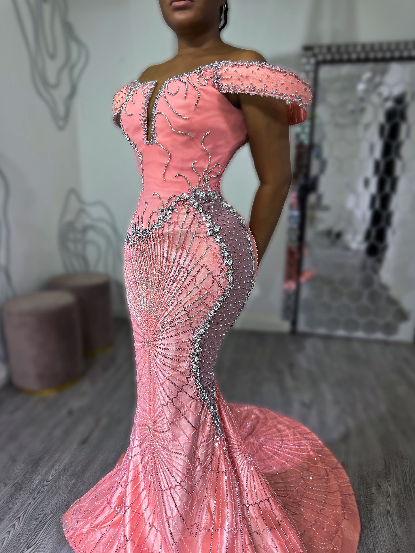 Pink Mermaid Prom Dress Off Shoulder Boned Corset Silver Crystal Fan Radial Beading Rhinestone Embellished Sweep Train Gown