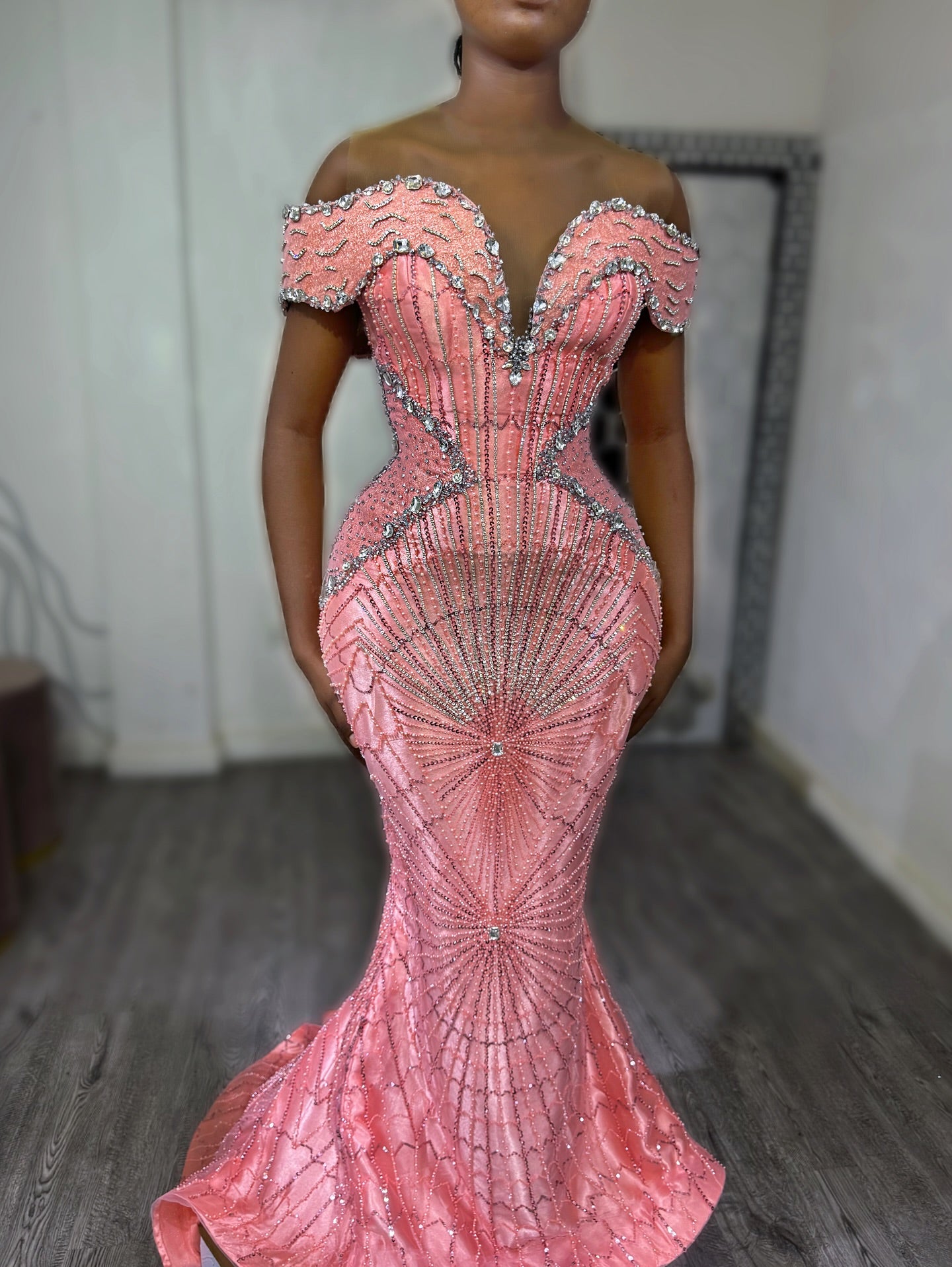 Pink Mermaid Prom Dress Off Shoulder Boned Corset Silver Crystal Fan Radial Beading Rhinestone Embellished Sweep Train Gown