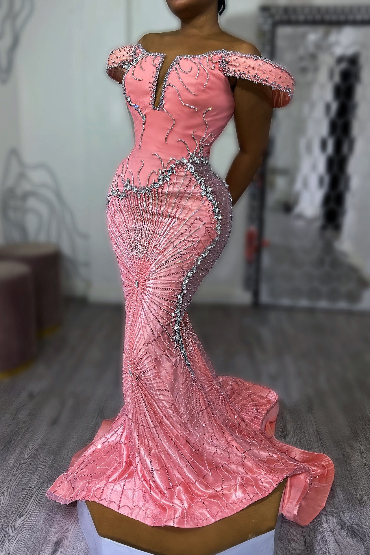 Pink Mermaid Prom Dress Off Shoulder Boned Corset Silver Crystal Fan Radial Beading Rhinestone Embellished Sweep Train Gown
