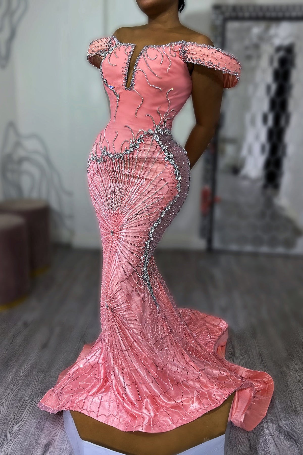 Pink Mermaid Prom Dress Off Shoulder Boned Corset Silver Crystal Fan Radial Beading Rhinestone Embellished Sweep Train Gown