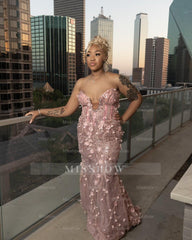 Pink Mermaid Prom Dress Strapless Deep V Sweetheart Silver Crystal Swirl Beaded 3D Floral Applique Illusion Bodice Voluminous Organza Ruffle Overskirt Cathedral Train Gown