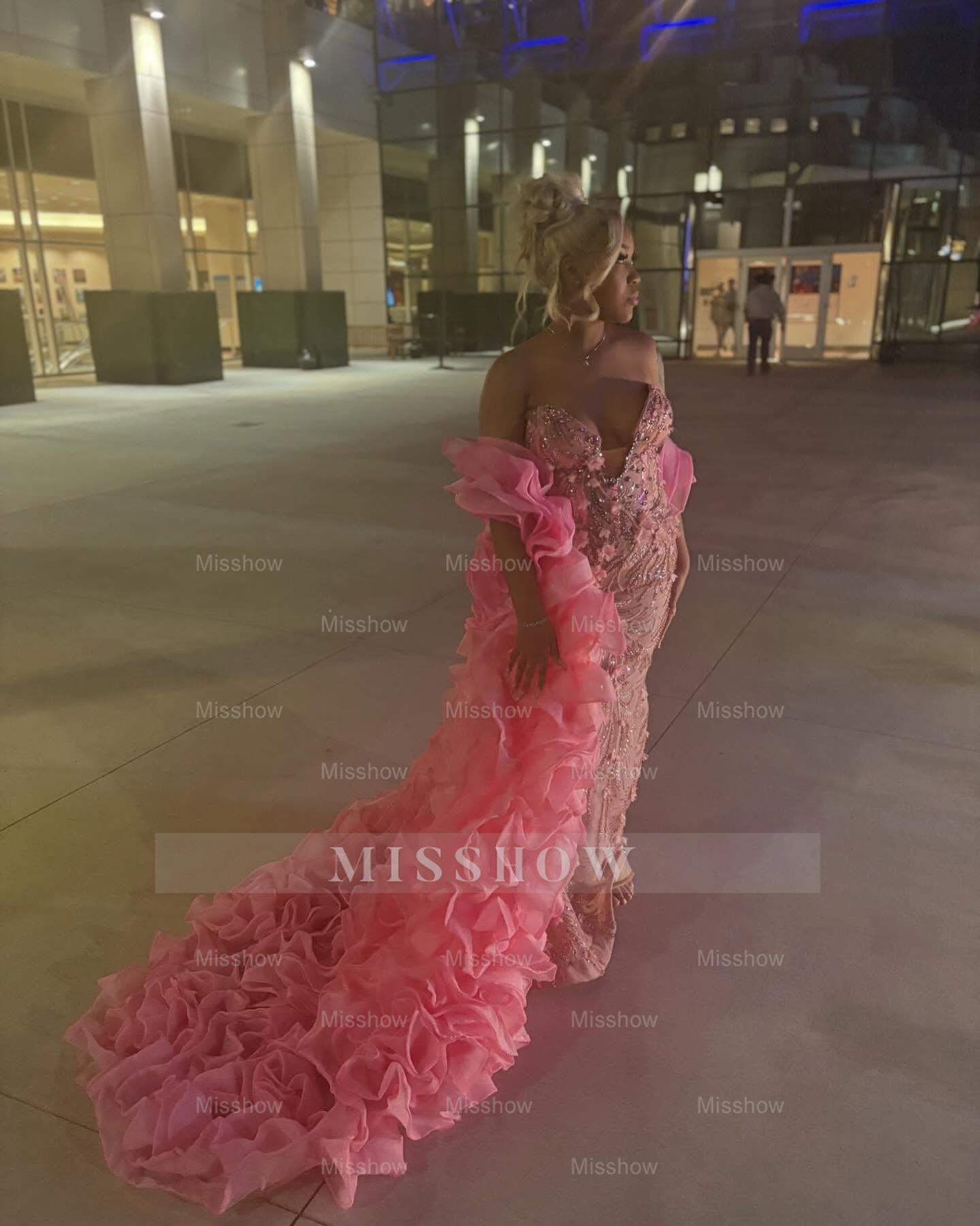 Pink Mermaid Prom Dress Strapless Deep V Sweetheart Silver Crystal Swirl Beaded 3D Floral Applique Illusion Bodice Voluminous Organza Ruffle Overskirt Cathedral Train Gown