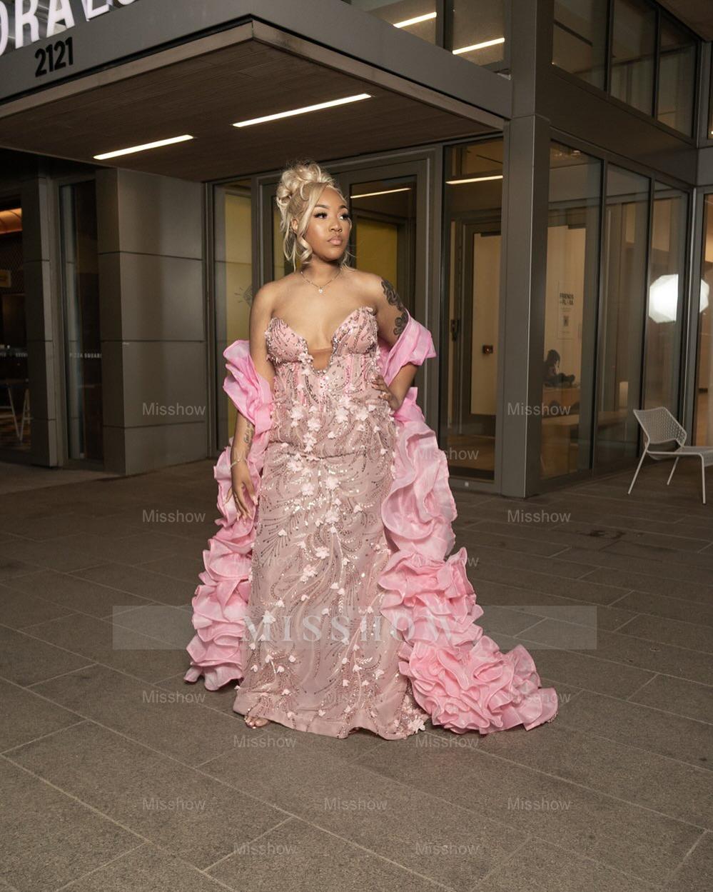 Pink Mermaid Prom Dress Strapless Deep V Sweetheart Silver Crystal Swirl Beaded 3D Floral Applique Illusion Bodice Voluminous Organza Ruffle Overskirt Cathedral Train Gown
