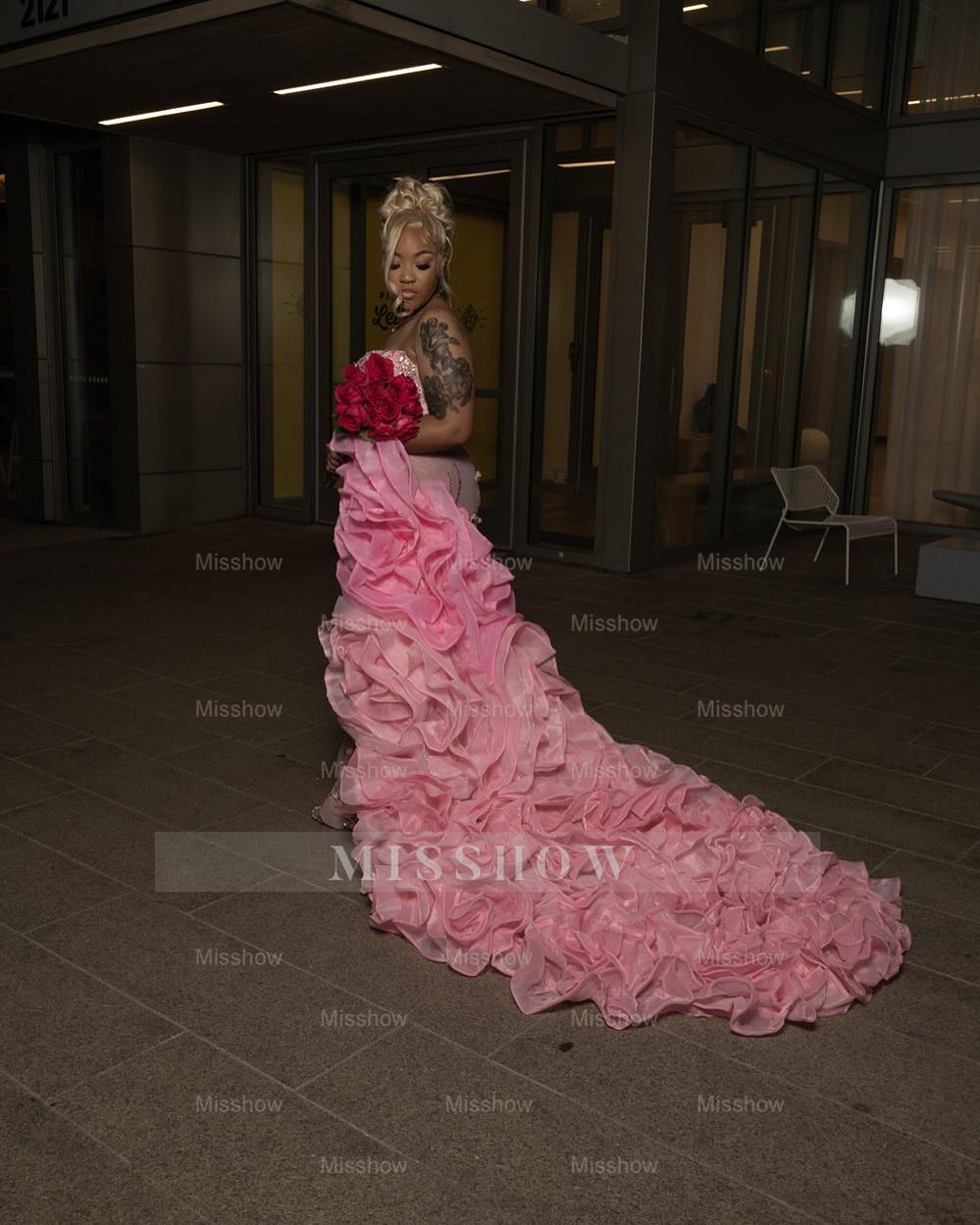 Pink Mermaid Prom Dress Strapless Deep V Sweetheart Silver Crystal Swirl Beaded 3D Floral Applique Illusion Bodice Voluminous Organza Ruffle Overskirt Cathedral Train Gown