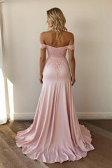 Pink off-the-shoulder satin A-line prom dress