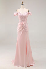Pink off-the-shoulder satin A-line prom dress