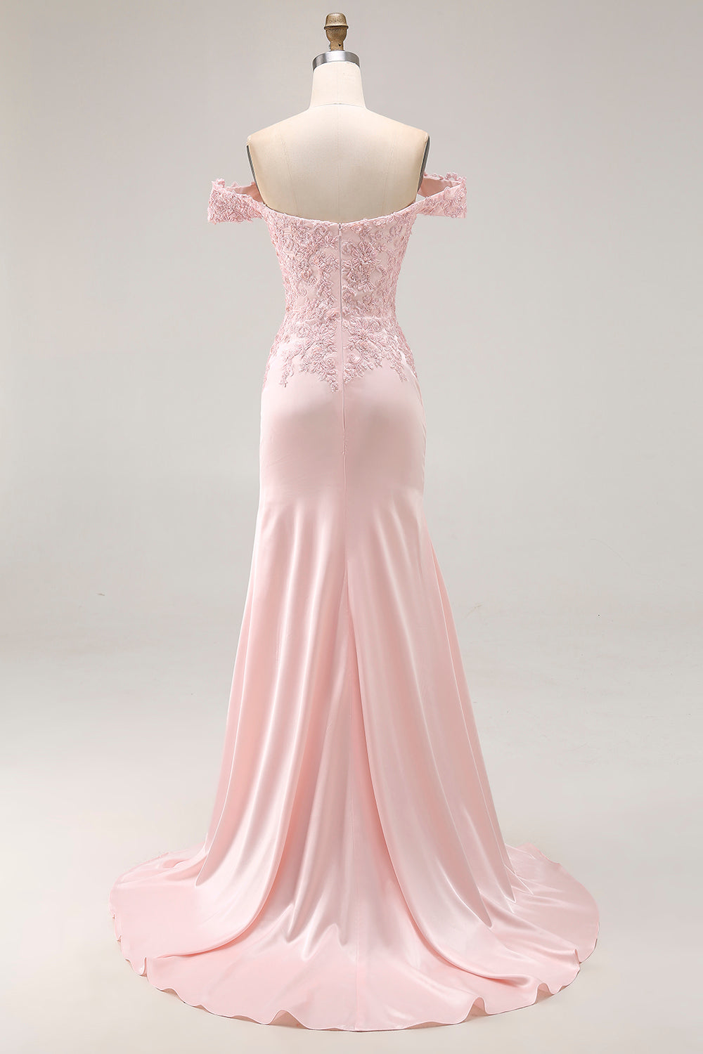 Pink off-the-shoulder satin A-line prom dress