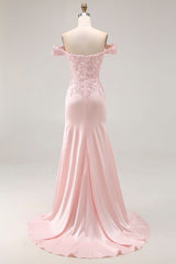 Pink off-the-shoulder satin A-line prom dress
