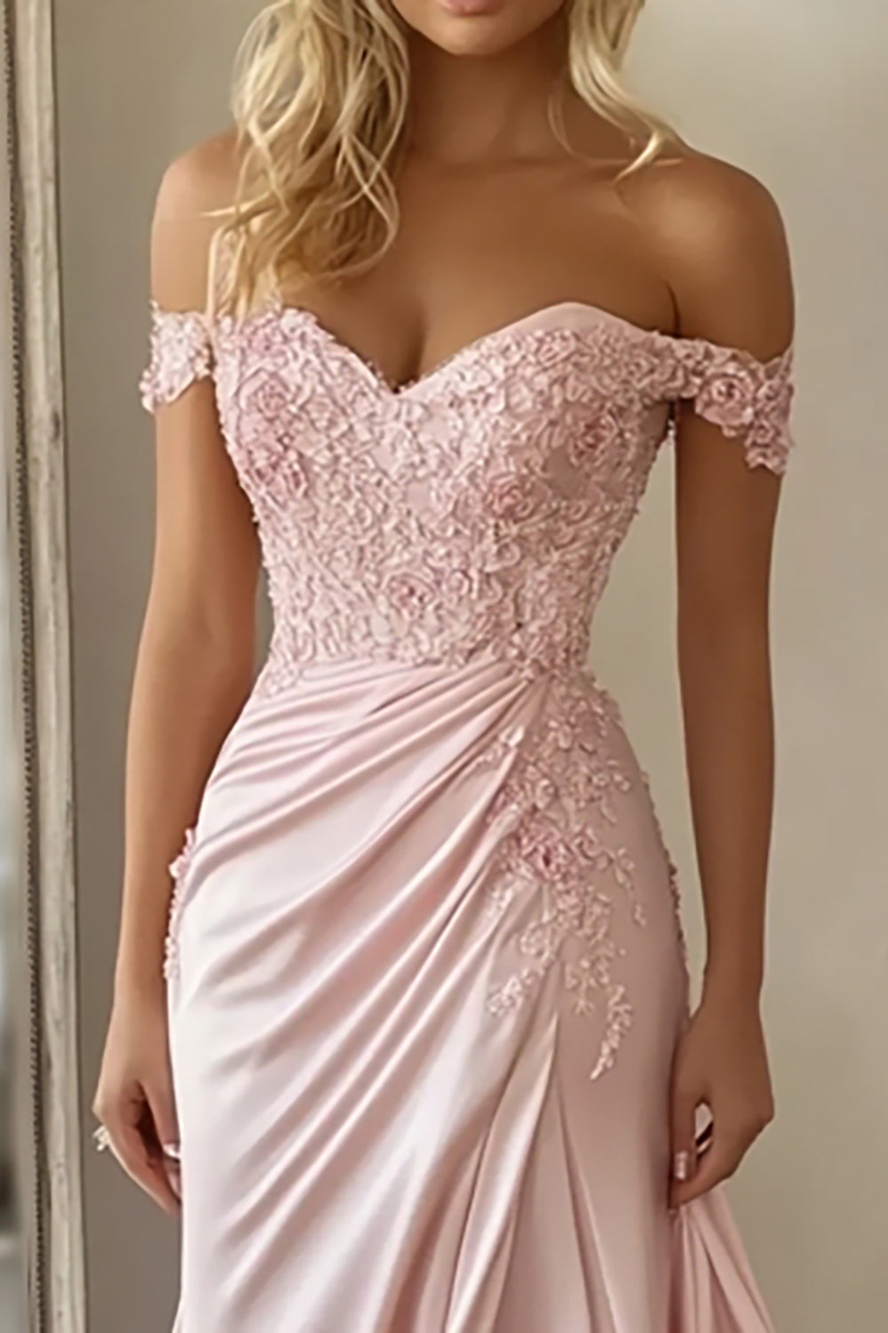 Pink off-the-shoulder satin A-line prom dress