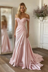 Pink off-the-shoulder satin A-line prom dress