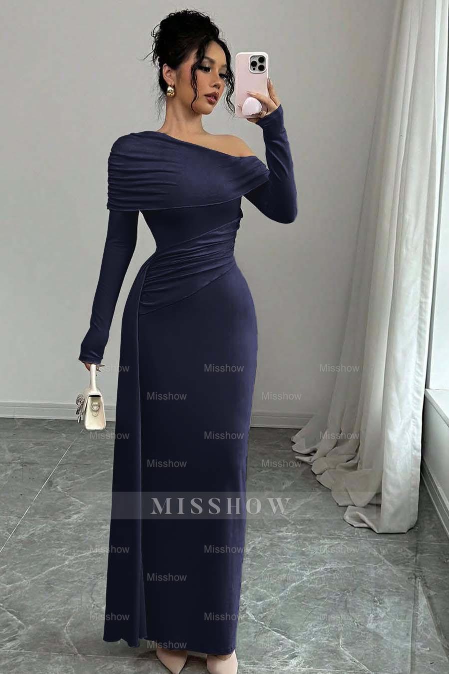 Pink Off-the-Shoulder Long Sleeves Bodycon Satin Ruching Floor Length Formal Evening Dress